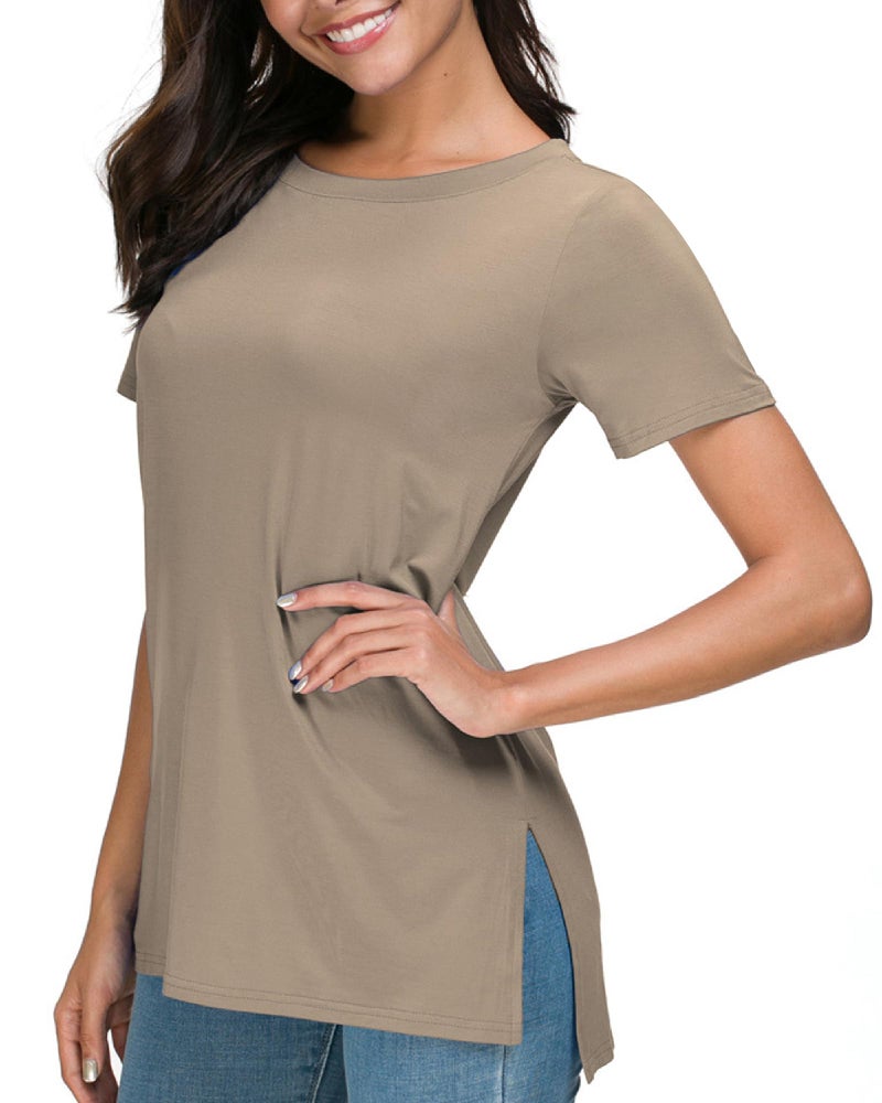 Herou Side Split Tops for Women Casual Summer Short Sleeve Crewneck T-Shirts Tees (Light Coffee, X-Large) - Image 1
